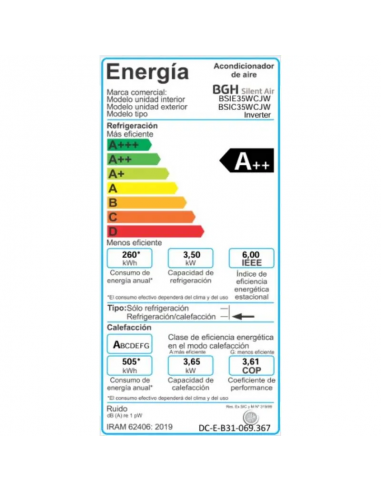 SPLIT BGH INVERTER BSI35WCJW 3500W F/C