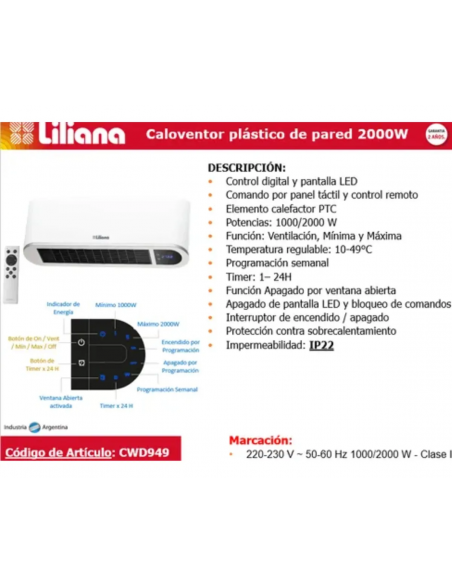 CALOVENTOR DE PARED LILIANA AEROHEAT CWD949 2000W