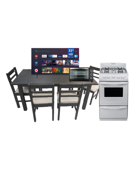 COMBO: HORNO ELÉCTRICO SMARTLIFE 40LT + COCINA ESCORIAL S2 + JUEGO DE MESA + 4 SILLAS + SMART TV BGH 32" B3225S5A ANDROID
