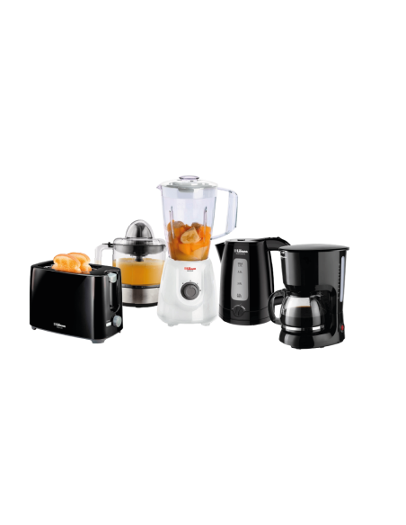 COMBO: LICUADORA LILIANA WHITELIC + TOSTADORA + CAFETERA LILIANA + EXPRIMIDOR SMARTLIFE + PAVA ELÉCTRICA TEMPOMATE